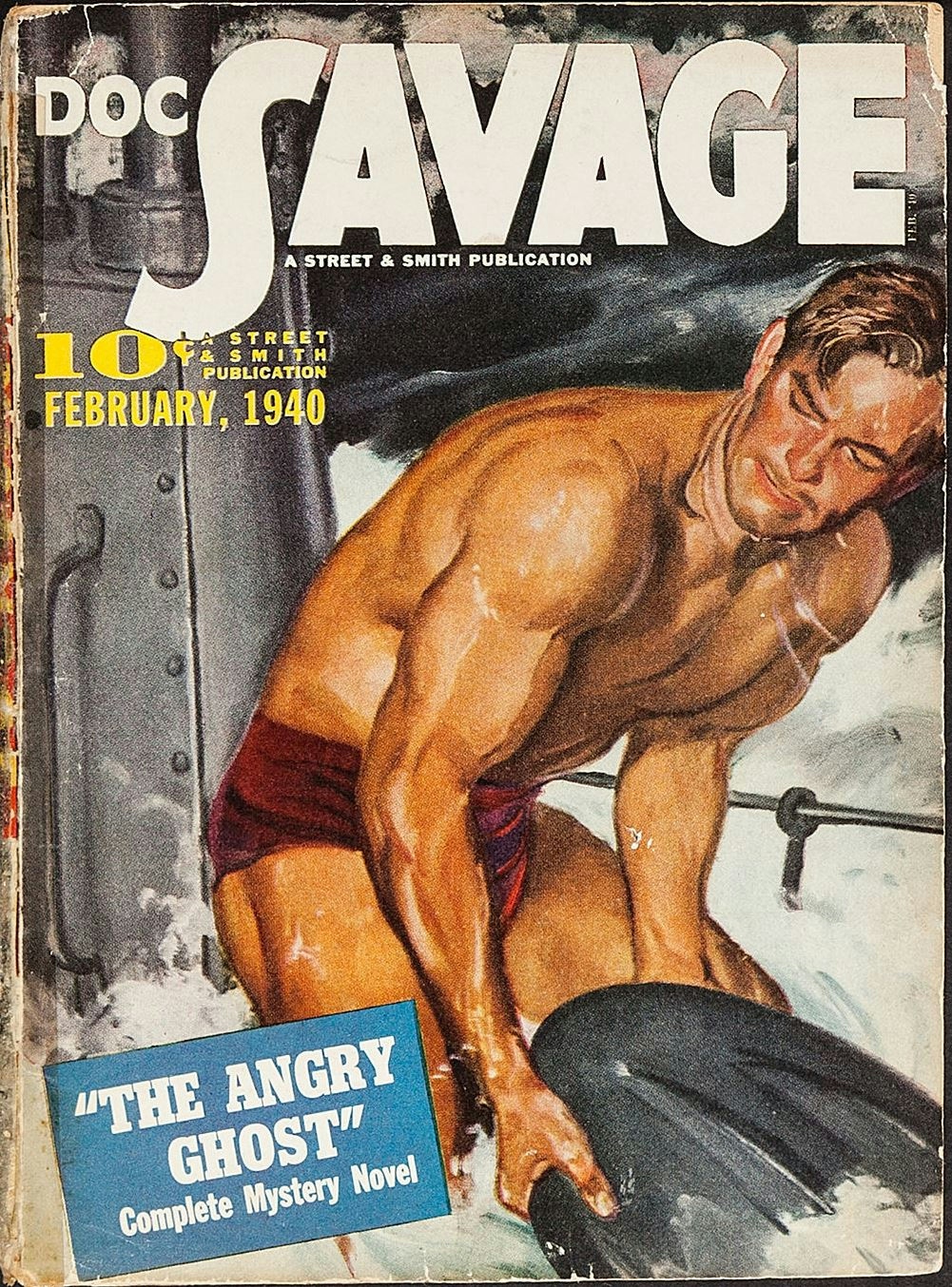 Image of cover of Doc Savage magazine with topless man on a boat in the foreground and white text in the background