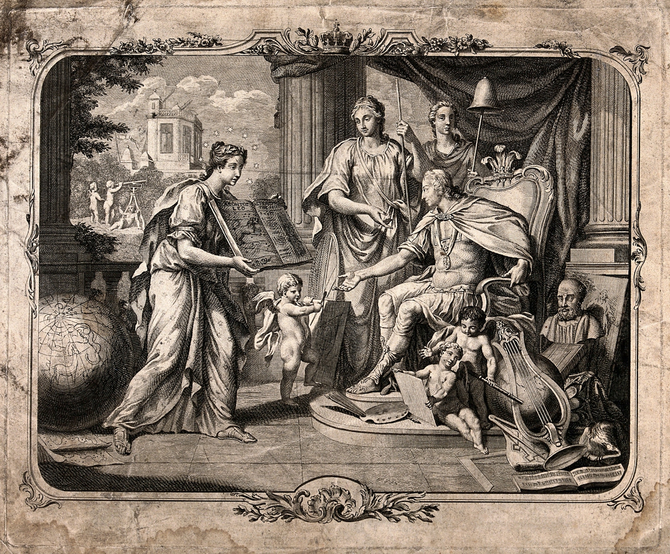 Black and white engraving showing a woman with a large book, showing it to a seated man.