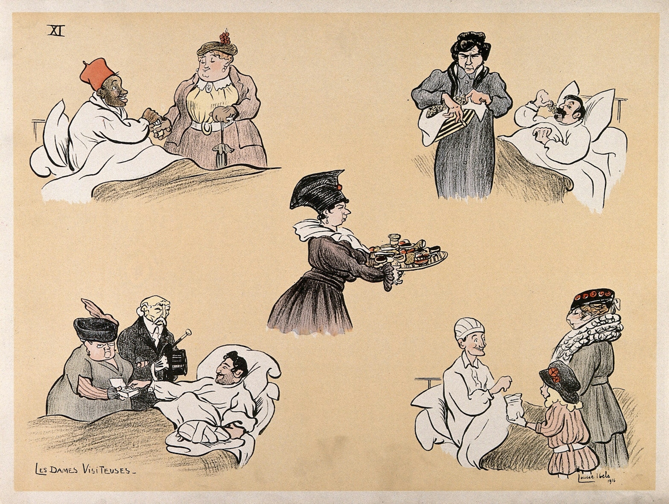 A page featuring five small illustrations of women brining gifts of food to men in hospital beds.