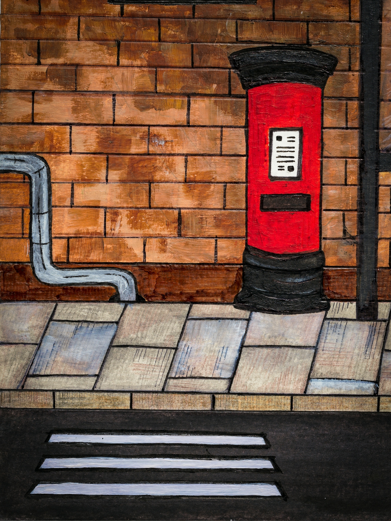 Detail from larger artwork made with paint and ink on textured watercolour paper. The artwork shows a street scene with a red post box and an industrial looking brick building.