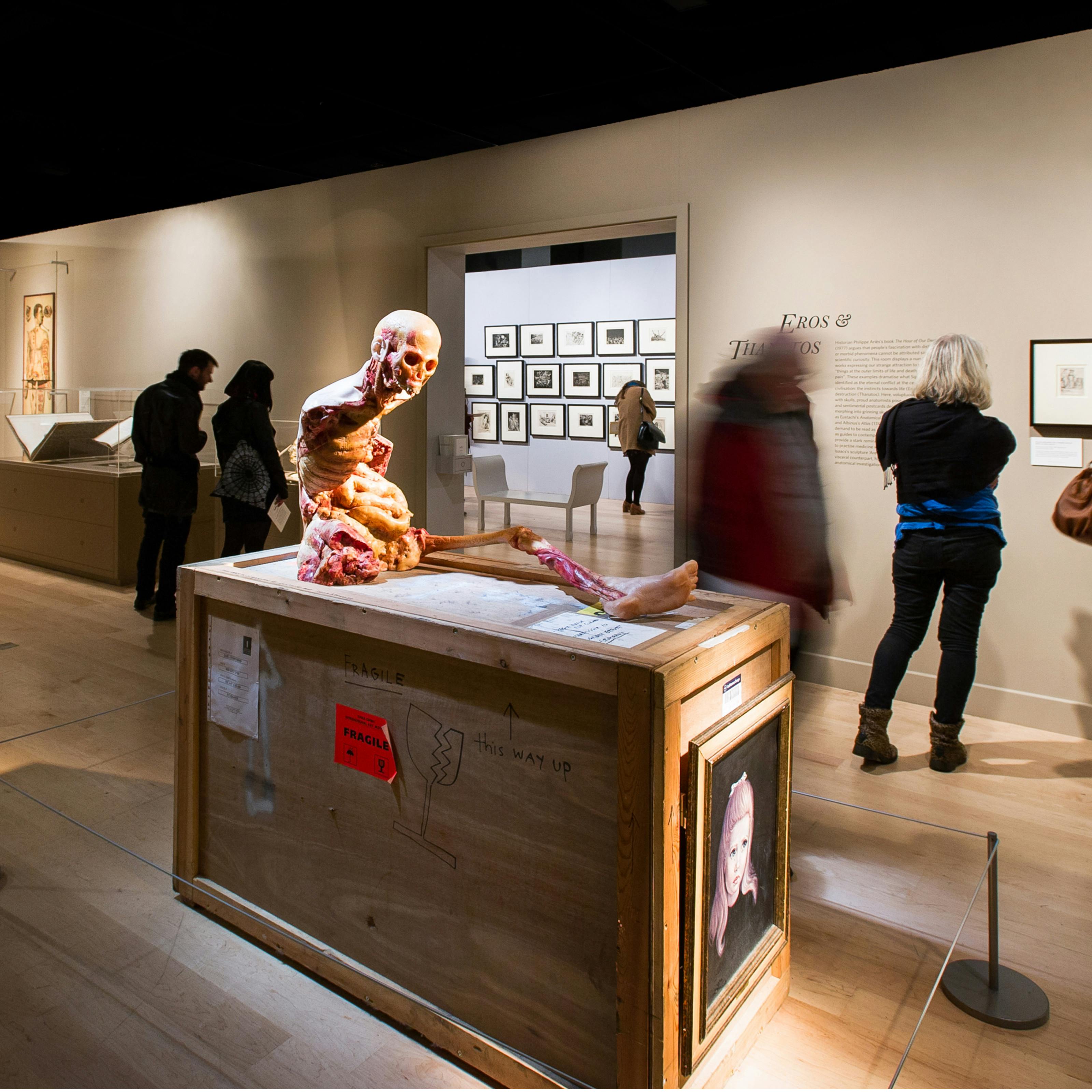 Photograph of visitors exploring the exhibition, Death: A Self Portrait at Wellcome Collection.