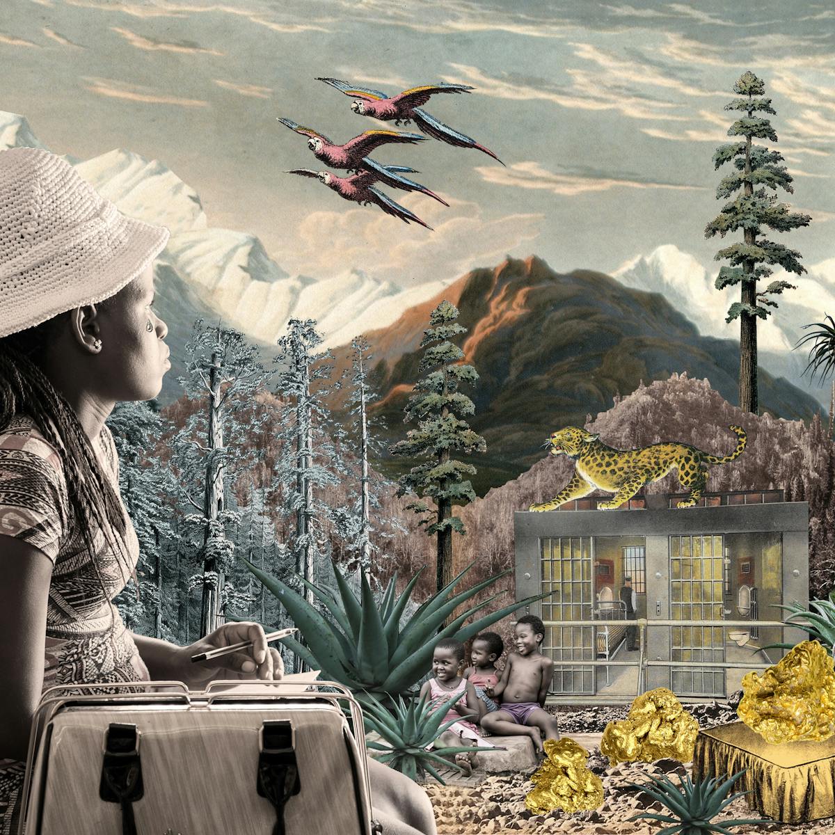 Artwork using collage. The collaged elements are made up of archive material which includes vintage and contemporary photographs, etchings, painted illustrations, lithographic prints and line drawings. This artwork depicts a scene with an urban and rural combined background, where high mountains and hills rise in the distance. In the middle distance are a series of tall trees and a jail like structure with bars. On top of the jail stands a large leopard looking up to the sky. In front of the jail are several large agave plants. Seated amongst them are three young children, smiling. To the right of the children is a large gold covered bed with a large gold nugget on top. At the foot of the bed are 2 more golden nuggets. Siting on the headboard is a colourful parrot in red, blue and orange. To the right of the parrot is a modern glass building with a long pathway leading up to the entrance. In the foreground on the left side of the image is a woman wearing a pattered dress and knitted to crocheted hat. Beside her is a large handbag. In her hand she is holding a biro and a piece of paper. She is looking away into the distant hills with a tear rolling down her right cheek. In the cloud scattered sky above are 3 parrots in flight and a large moon like orb. A blue bird sits in a high tree on the right, a pink heart shape in its mouth.