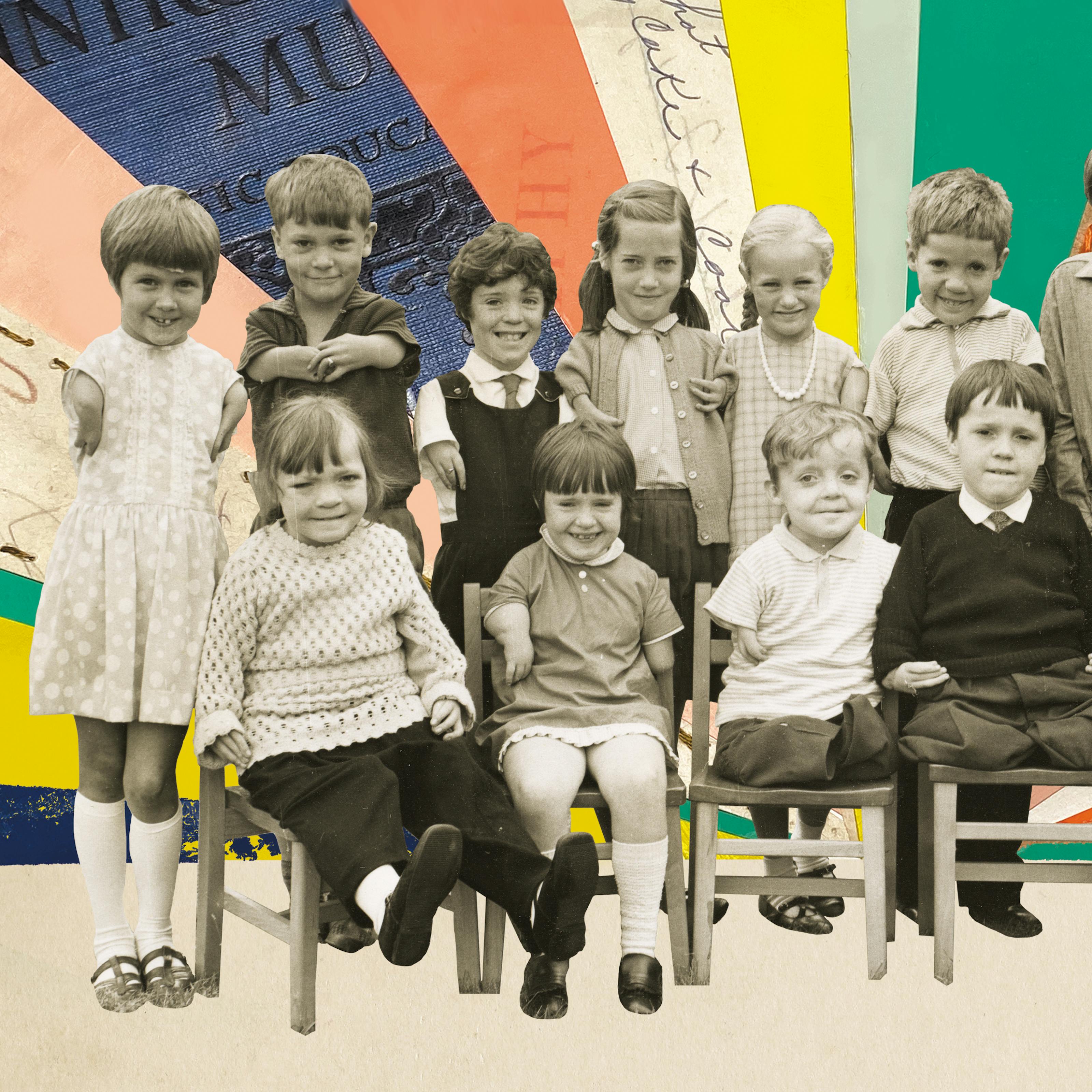 Mix media artwork made up of archive photographs and cut out textured elements elements. The image shows a black and white sepia toned photograph of a group of 13 young children, sitting and standing for a posed group photo. The children were all affected by the thalidomide scandal and so some have short arms, some have short legs, and some have both. The group is smiling to the camera. Behind the group, the background is made up radiating shards of school related book covers and paper. The effect is to create a rising sun pattern appearing from behind them. The shards are varied in colour, blues, pinks, yellows, orange and greens. Some are textured book covers with fragments of text, others are textured paper with stitching, others are gridded graph paper.