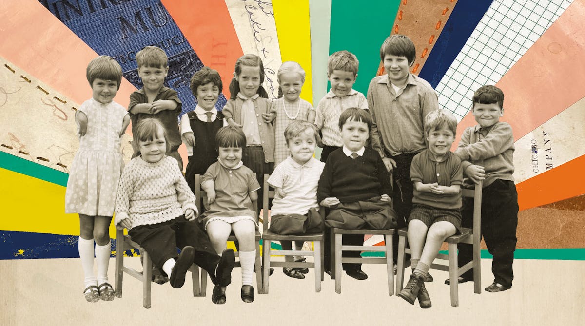 Mix media artwork made up of archive photographs and cut out textured elements elements. The image shows a black and white sepia toned photograph of a group of 13 young children, sitting and standing for a posed group photo. The children were all affected by the thalidomide scandal and so some have short arms, some have short legs, and some have both. The group is smiling to the camera. Behind the group, the background is made up radiating shards of school related book covers and paper. The effect is to create a rising sun pattern appearing from behind them. The shards are varied in colour, blues, pinks, yellows, orange and greens. Some are textured book covers with fragments of text, others are textured paper with stitching, others are gridded graph paper.