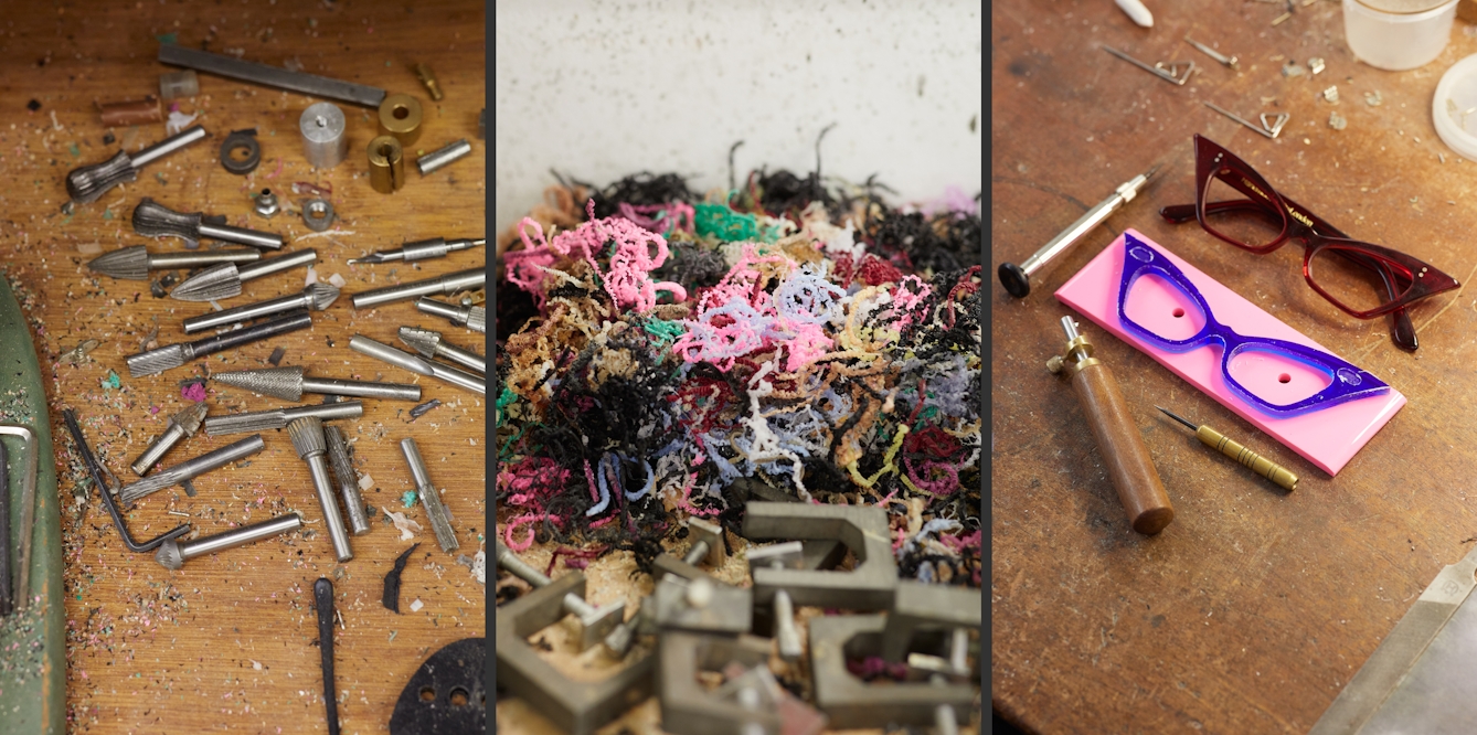 Photographic triptych each showing details from a workshop environment. The image on the left show machine drill bits and routing tools. The image in the centre shows fine, curly plastic shavings in a variety of colours. The image on the right shows a pair of part finished purple spectacle frames resting on a wooden tabletop.