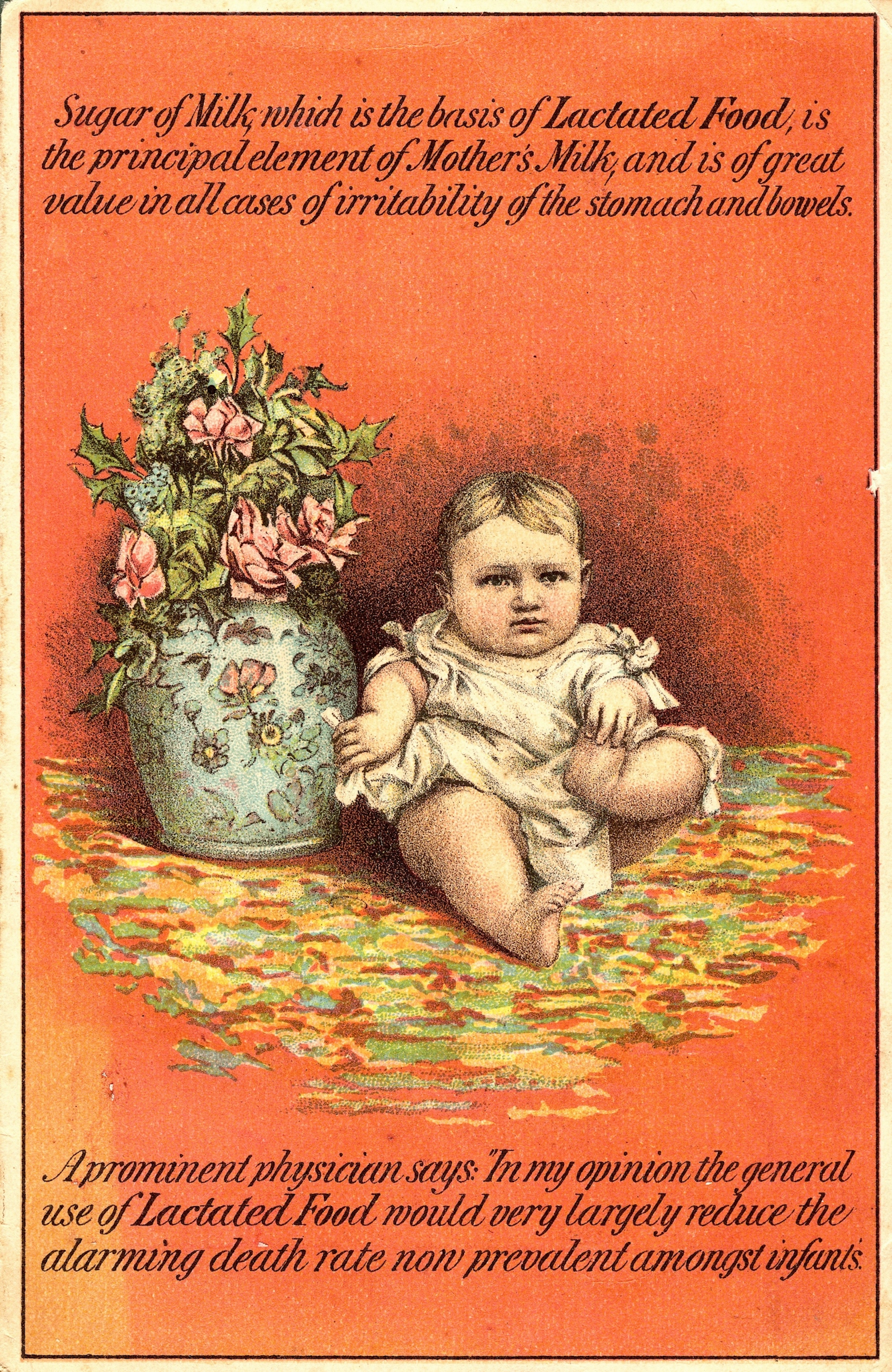 Victorian card with an orange background depicting a baby next to a vase of flowers. Text reads: Sugar of Milk, which is the basis of Lactated Food, is the principal element of Mother's Milk, and is of great value in all cases of irritability of the stomach and bowels. A prominent physician says: 'In my opinion the general use of Lactated Food would very largely reduce the alarming death rate now prevalent amongst infants.'