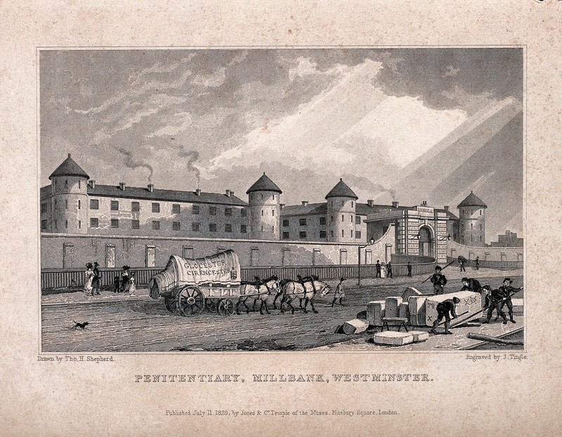 Sepia engraving depicting a large building on a street with horse drawn carriage