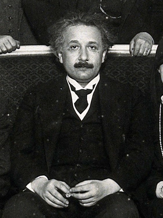 Black and white photograph of Albert Einstein.