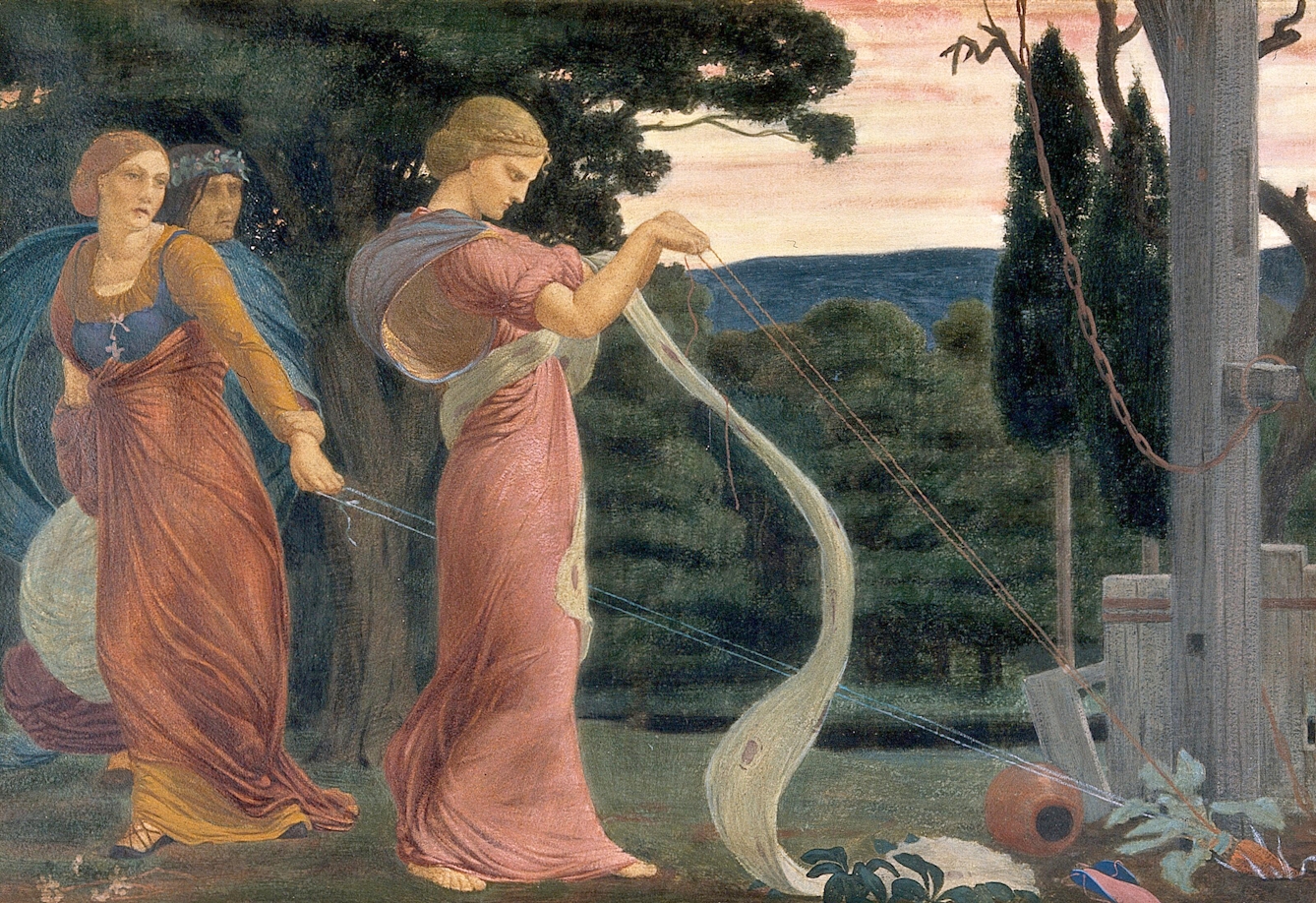 Three women (witches) in flowing robes pulling a mandrake plant out of ground using long cords attached to the plant, which is growing at the foot of a gallows