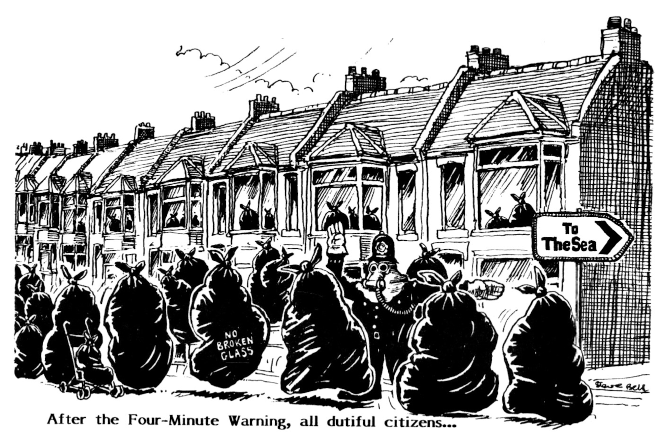 A cartoon of binbags containing dead people merrily hopping along a road