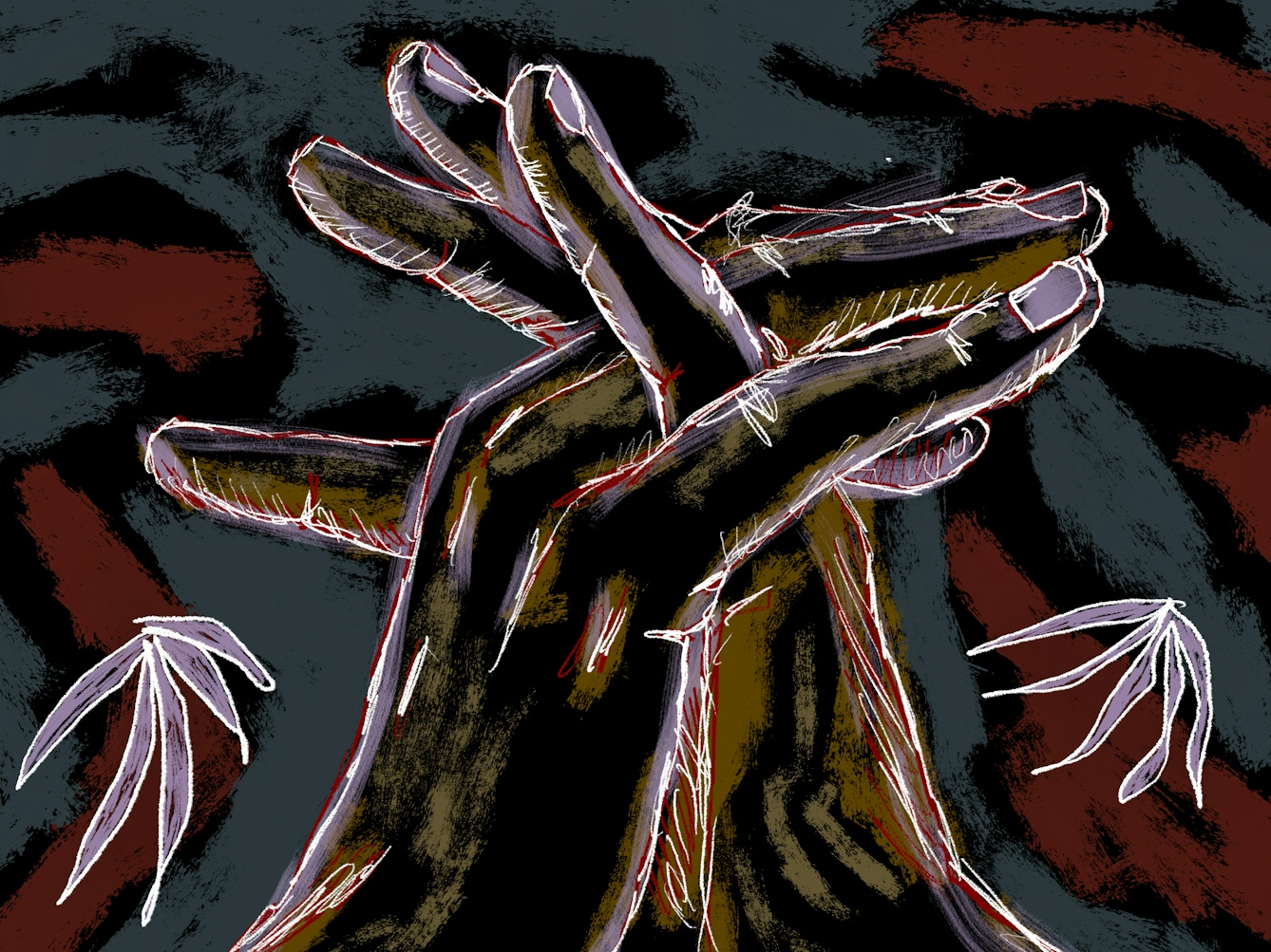 Detail from a larger colour digital artwork showing a figurative study of a pair of hands gracefully suspended in mid air, visible from just above the wrists. The hand hands are clasped together, the fingers gently latticed. The background is made up of dark textured rough lines of dark red, dark blue greys and blacks, punctuated by white outlined purple leaf-like plants.