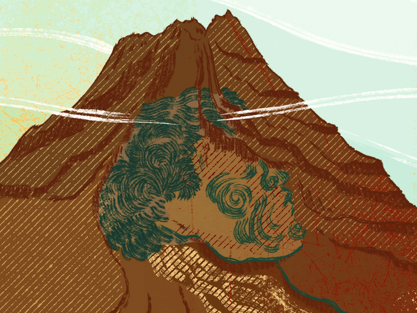 A digital illustration of landscape scene, the main feature of which is the peak of a large mountain. On the side of the mountain there is a depiction of a man's head in profile looking over the land, the man has the traditional face decoration of Maori culture. 