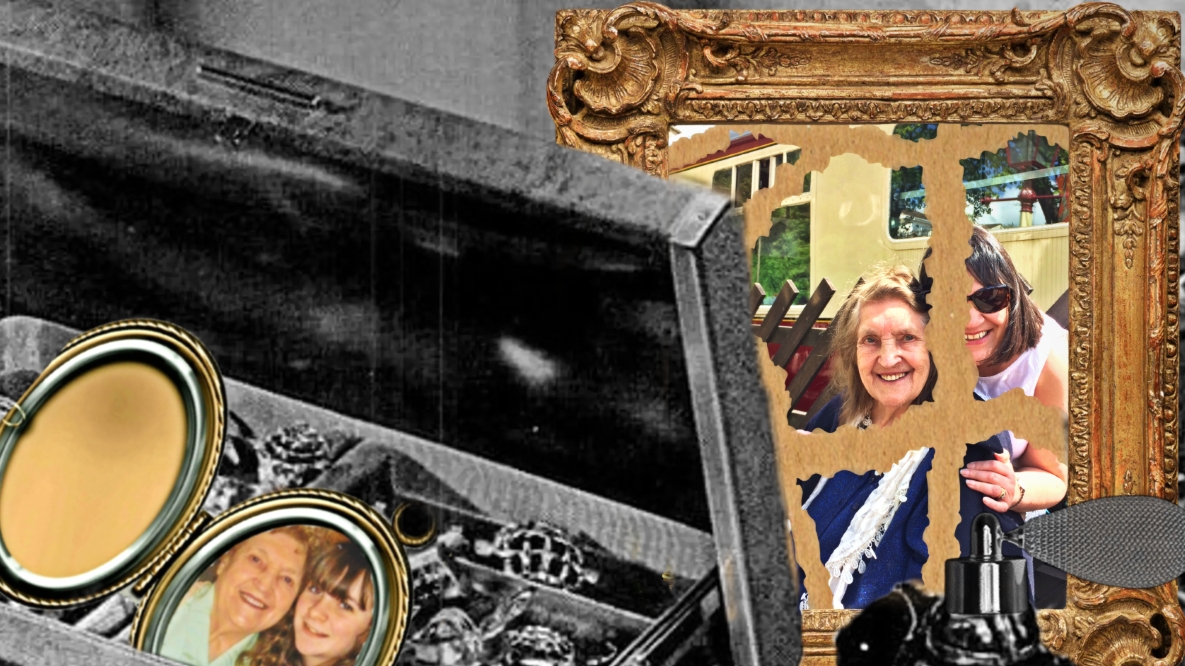 Crop of a larger colourful digital collage showing a black and white, two layer jewellery box stood open on a dresser with various jewels and pearls inside. On the top layer is an open locket necklace with a photo of an elderly woman and a younger woman smiling at the camera together. There is a photo in an ornate gold frame to the right of the central jewellery box. The photo has large bits missing from it, and there are traces of missing photo in the shape of ripped up paper. The photo on the right shows an elderly woman sitting down on a train platform whilst a younger woman hugs her from behind and smiles. There is a perfume bottle in front of the photo frame.  