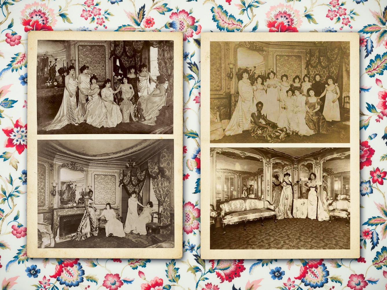 Digital composite image showing an early 20th century Parisienne colourful floral fabric background. Resting on top of the background are four 20th century sepia toned photographs showing groups of women posing within the setting of the lavishly decorated interiors of the 'maisons de tolérance' in Paris. They are all dressed in long flowing dresses and are looking to camera.