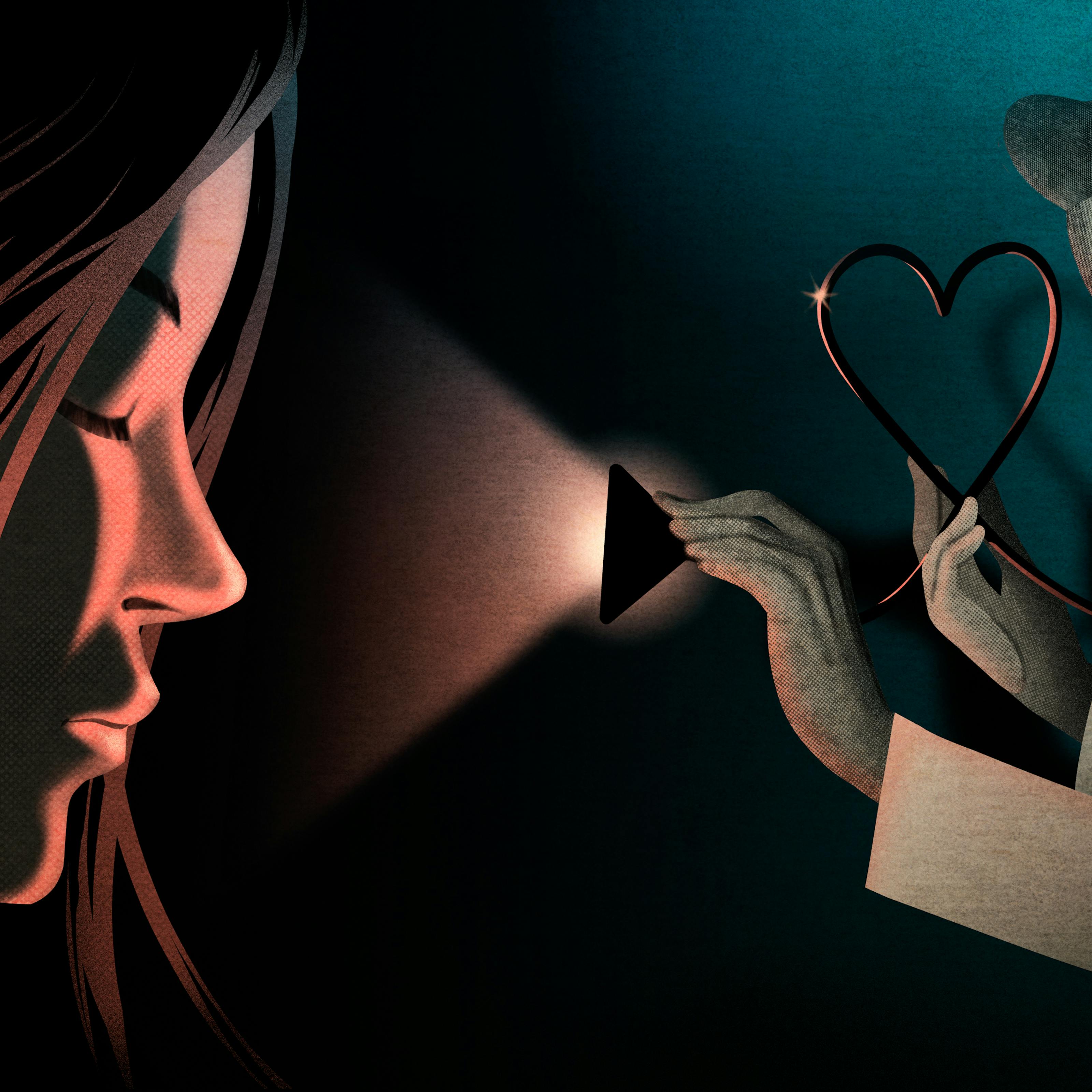 Illustration of a female face in profile on the left hand side and a male figure in a white doctor's coat on the right. The doctor figure is hunched over holding the end of a stethoscope, the other end of which is attached to his ears, in his left hand. From the end of the stethoscope a light shines out highlighting the face of the woman. The doctor figure's other hand holds the tube of the stethoscope which is formed into the shape of a heart. Both character's heads are bowed forward, their eyes shut. The hues of the illustration are muted reds and blues.