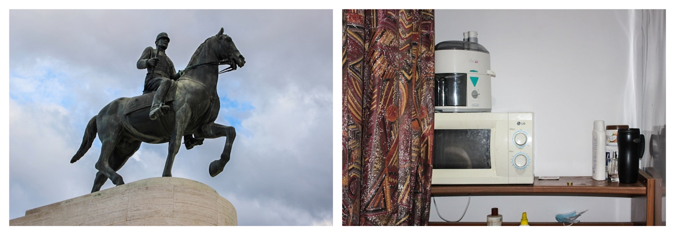 Photographic colour diptych. The image on the left shows a view looking up at a large statue of a man seated on a horse against a grey and blue clouded sky. The sandstone base can just be seen. The image on the right shows an internal view of a wooden shelving unit, slightly obscured by a patterned curtain. On the shelf is a microwave and a food mixer, along with other smaller kitchen items.