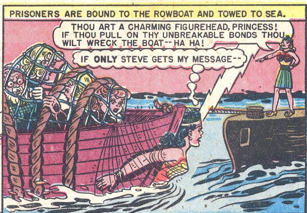 Wonder Woman bound to a boat. 