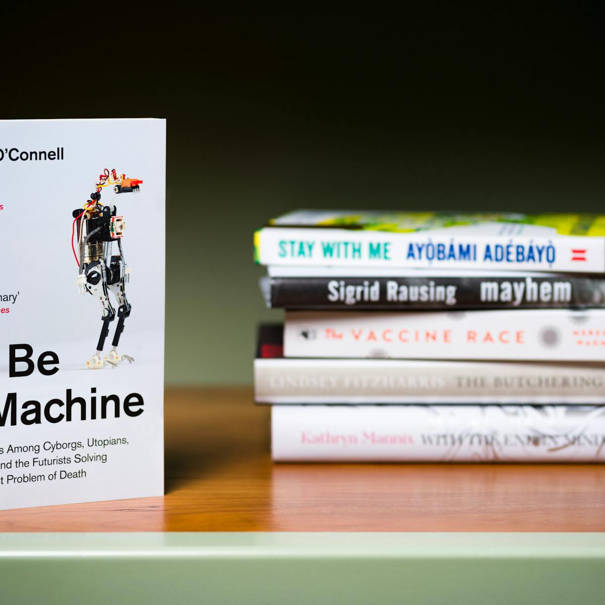 Photograph of a a stack of 5 books lying horizontally on a shelf with another book standing  vertically in the foreground.