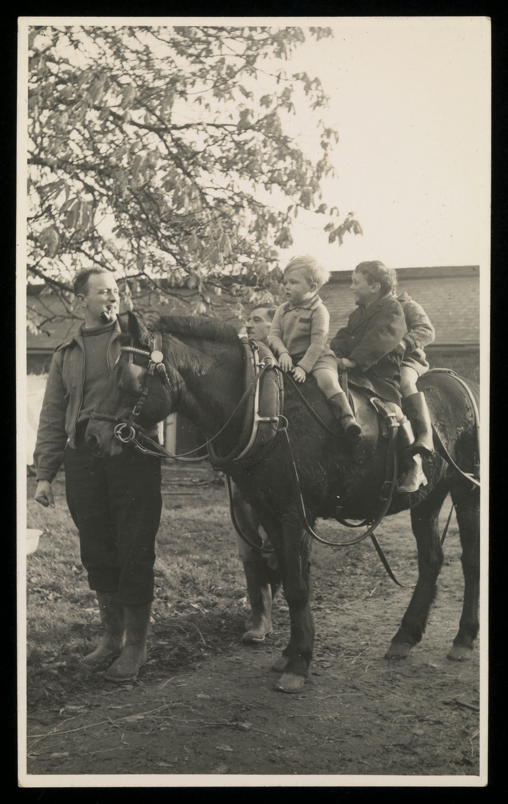 Black and white photograph showing a man leading three toddlers who are sitting on the back of a horse.
