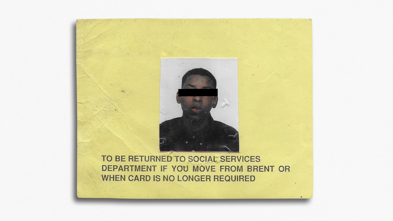 Yellow registration card with passport photo of Christopher Samuel with a black box obscuring his eyes. Text on the card in block capitals "TO BE RETURNED TO SOCIAL SERVICES DEPARTMENT IF YOU MOVE FROM BRENT OR WHEN CARD IS NO LONGER REQUIRED"