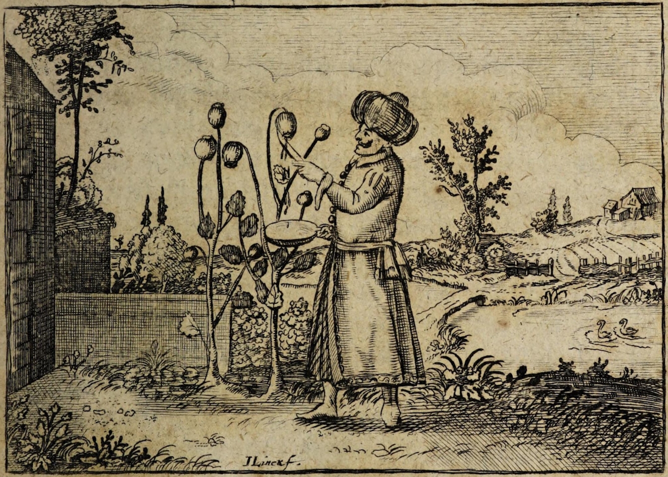 An image from an 18th-century book showing a man in a turban harvesting opium poppies.
