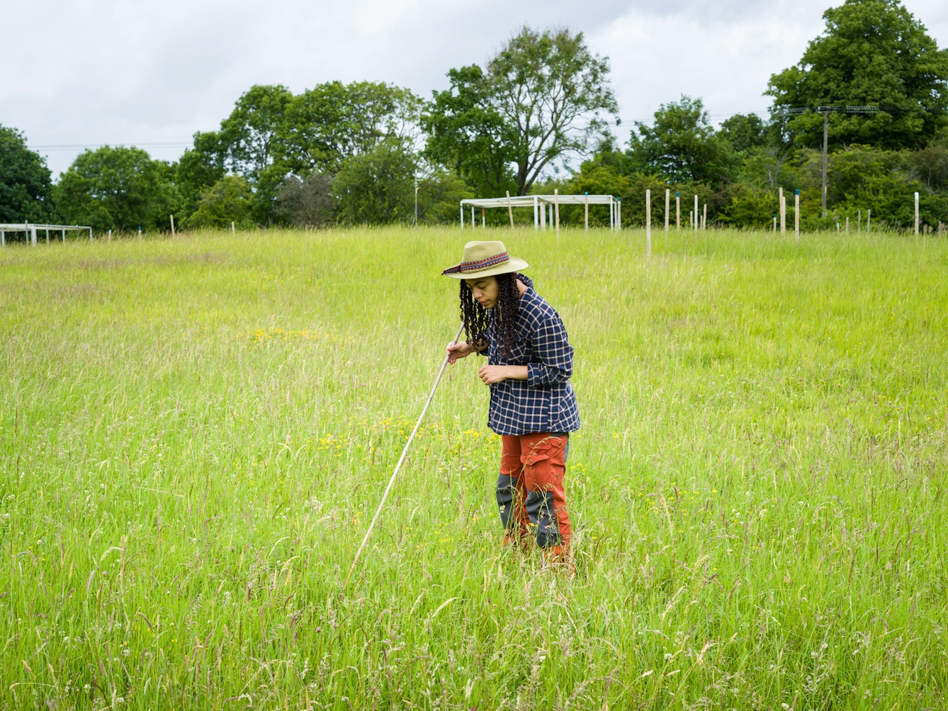 Colour photograph of a young woman wearing a brimmed hat, checked shirt and red trousers standing in a wild grassland meadow. She is holding a long bamboo stick which she is using to separate the grasses as she peers down into the undergrowth. Behind her in the distance is a tree lined border with a series of man made metal and wood framed structures.