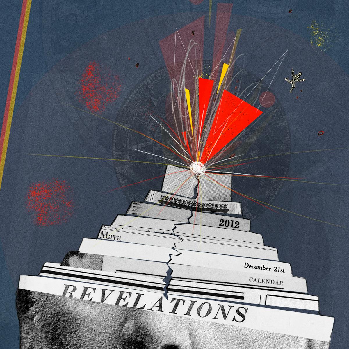 Mixed media digital artwork combining found imagery from vintage magazines and books with painted and textured elements. The overall hues are blues, yellows and reds. The illustration is split in two by a red and yellow line running vertically through the image at a slight angle. On the left side of this line is the black and white archive image od the head and upper body of a man with a white beard wearing a suit from the Victorian era. The top half of his head from his nose up has been replaced with strips of newspapers arranged in a step formation to resemble a Mayan temple. The first level of newspaper has the word 'Revelations' in all caps. As the levels rise the words, 'calendar', December 21st', 'Maya' and '2012' appear in newspaper print. At the top of the temple structure is a bright light and an explosion of red and yellow wedges shooting up into the blue background. A large crack runs down through the temple. On the right side of the vertical lines, the image of this temple structure is duplicated and enlarged to reveal it in more detail and crop out the man's lower head. A small figure can now be seen flying through the air, propelled by the force of the explosion.