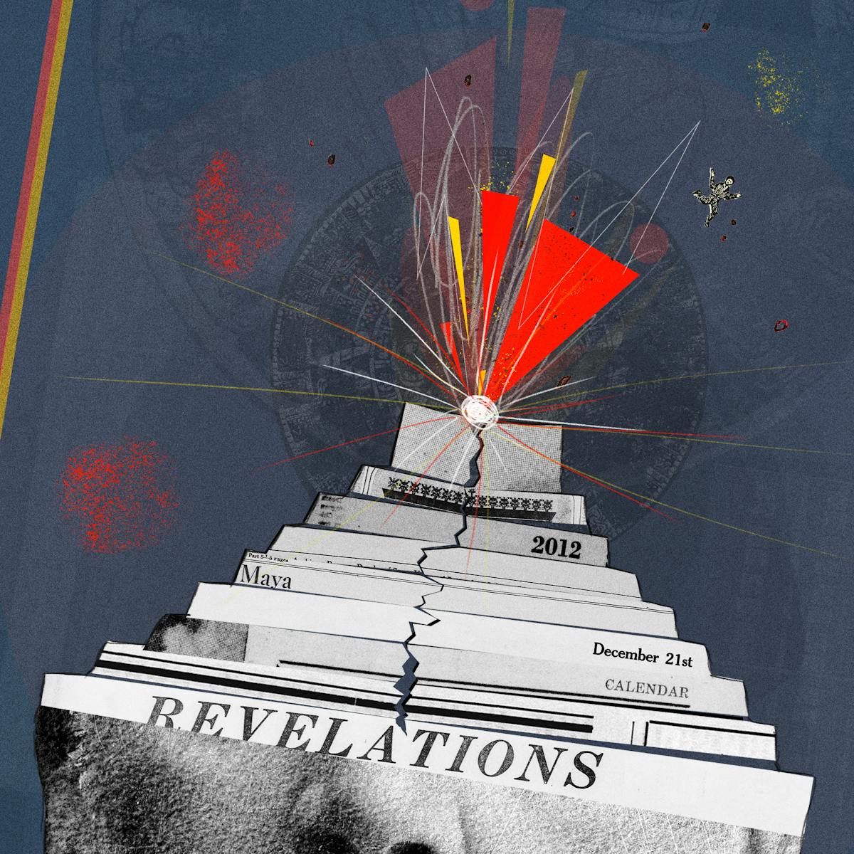 Mixed media digital artwork combining found imagery from vintage magazines and books with painted and textured elements. The overall hues are blues, yellows and reds. The illustration is split in two by a red and yellow line running vertically through the image at a slight angle. On the left side of this line is the black and white archive image od the head and upper body of a man with a white beard wearing a suit from the Victorian era. The top half of his head from his nose up has been replaced with strips of newspapers arranged in a step formation to resemble a Mayan temple. The first level of newspaper has the word 'Revelations' in all caps. As the levels rise the words, 'calendar', December 21st', 'Maya' and '2012' appear in newspaper print. At the top of the temple structure is a bright light and an explosion of red and yellow wedges shooting up into the blue background. A large crack runs down through the temple. On the right side of the vertical lines, the image of this temple structure is duplicated and enlarged to reveal it in more detail and crop out the man's lower head. A small figure can now be seen flying through the air, propelled by the force of the explosion.