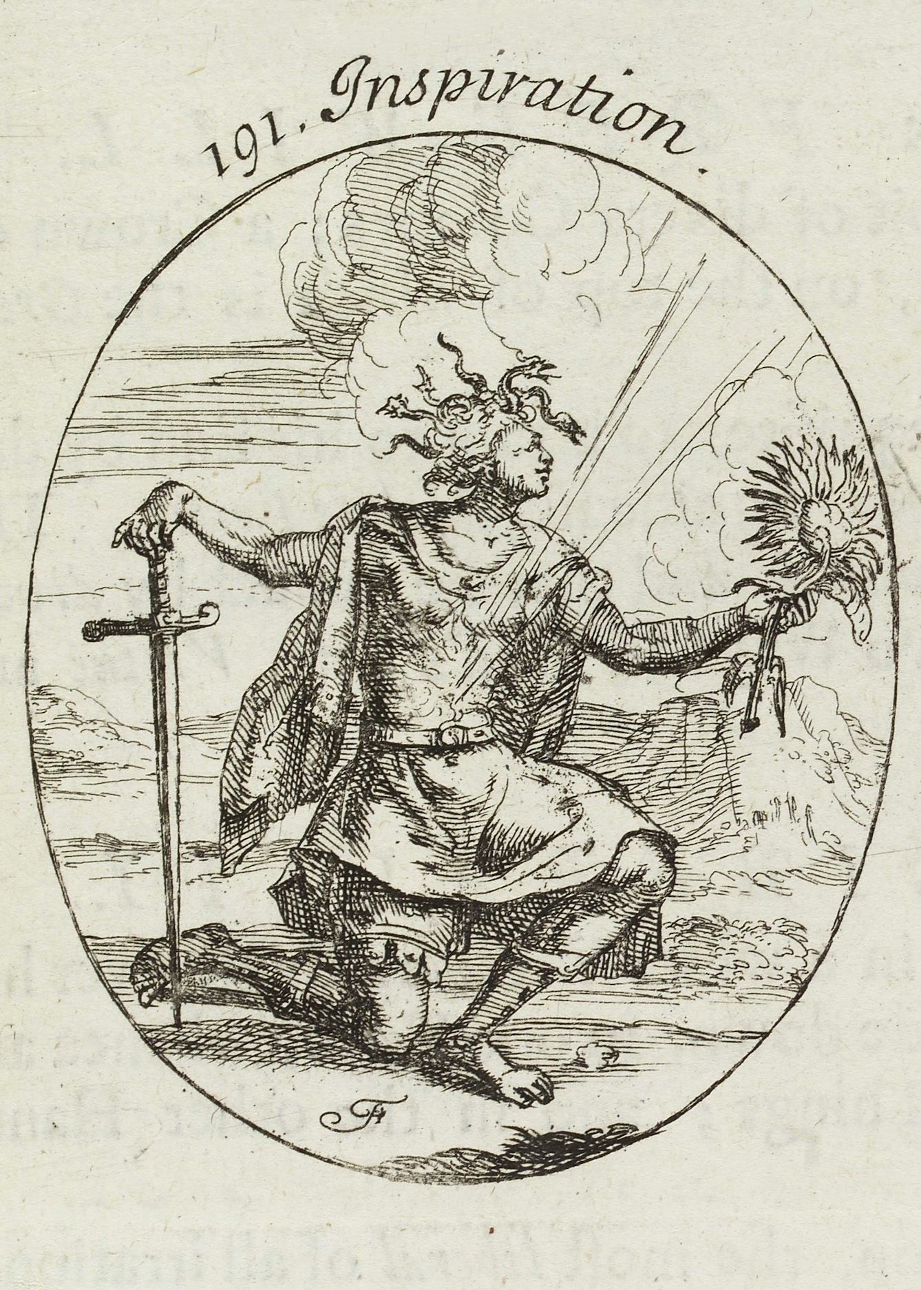 Black and white line engraving of a kneeling man being struck by what looks like lightning. The word ‘Inspiration’ is written above the image.