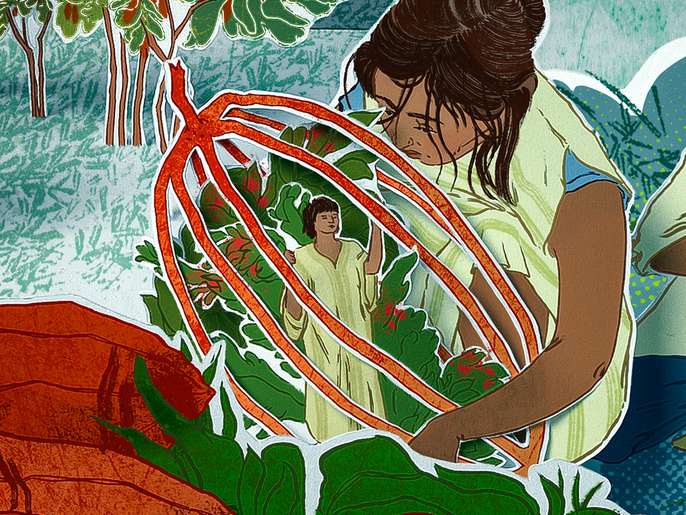 Photograph of a papercut 3D artwork. Detail from a larger artwork, showing two brunette children, possibly siblings, dressed in simple white and blue clothing and are crouching down amongst different coloured shrubs, plants and trees. The girl, who appears older than the boy, is holding an abstract, cocoa bean-shaped hollow red structure. Inside it is a miniature brunette male wearing yellow robes, and some red and green shrubbery. He is looking upwards towards the girl with his hand outstretched. The younger boy, holding some harvested red and green plant, watches from in wonderment.