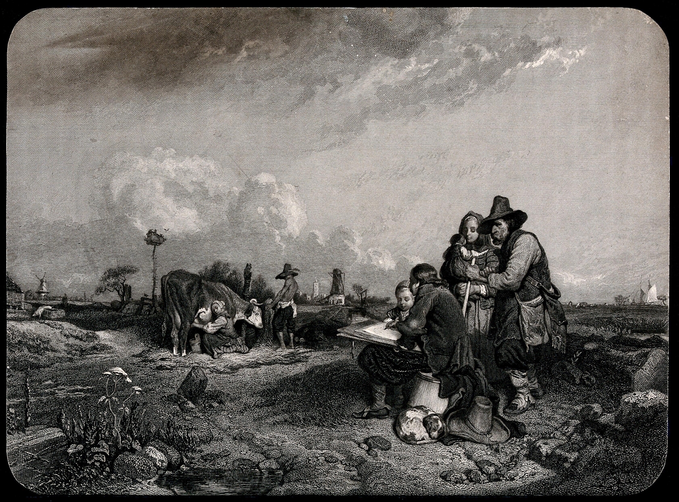 Black and white engraving showing an artist sketching a milkmaid milking a cow, who looks back at him over her shoulder. A man with his shirt tied around his waist and a large hat stands beside the cow's head. Several people standing close by the artist look down at his sketch. In the background are fields, windmills and boats on a distant river. 