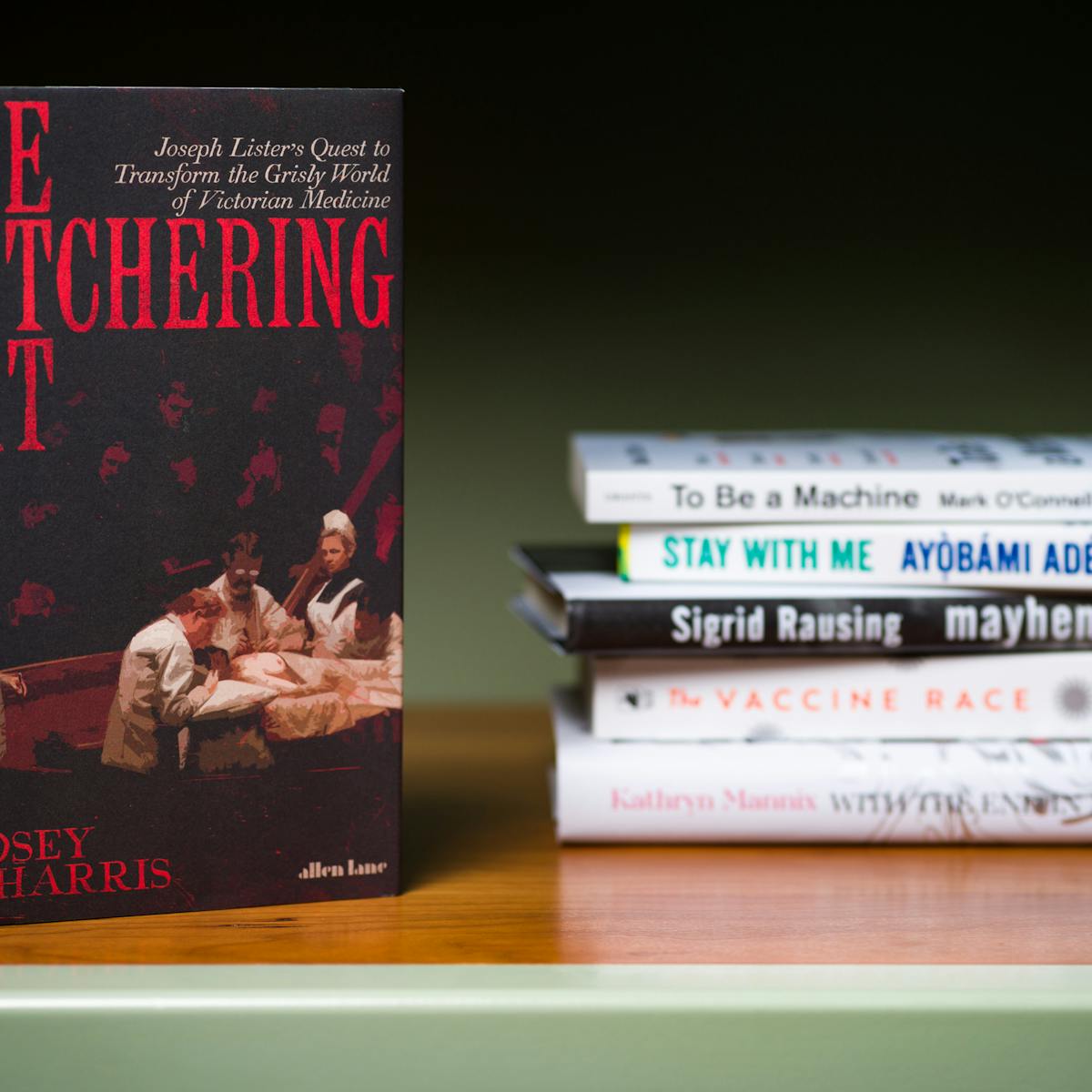 Photograph of a a stack of 5 books lying horizontally on a shelf with another book standing vertically in the foreground.
