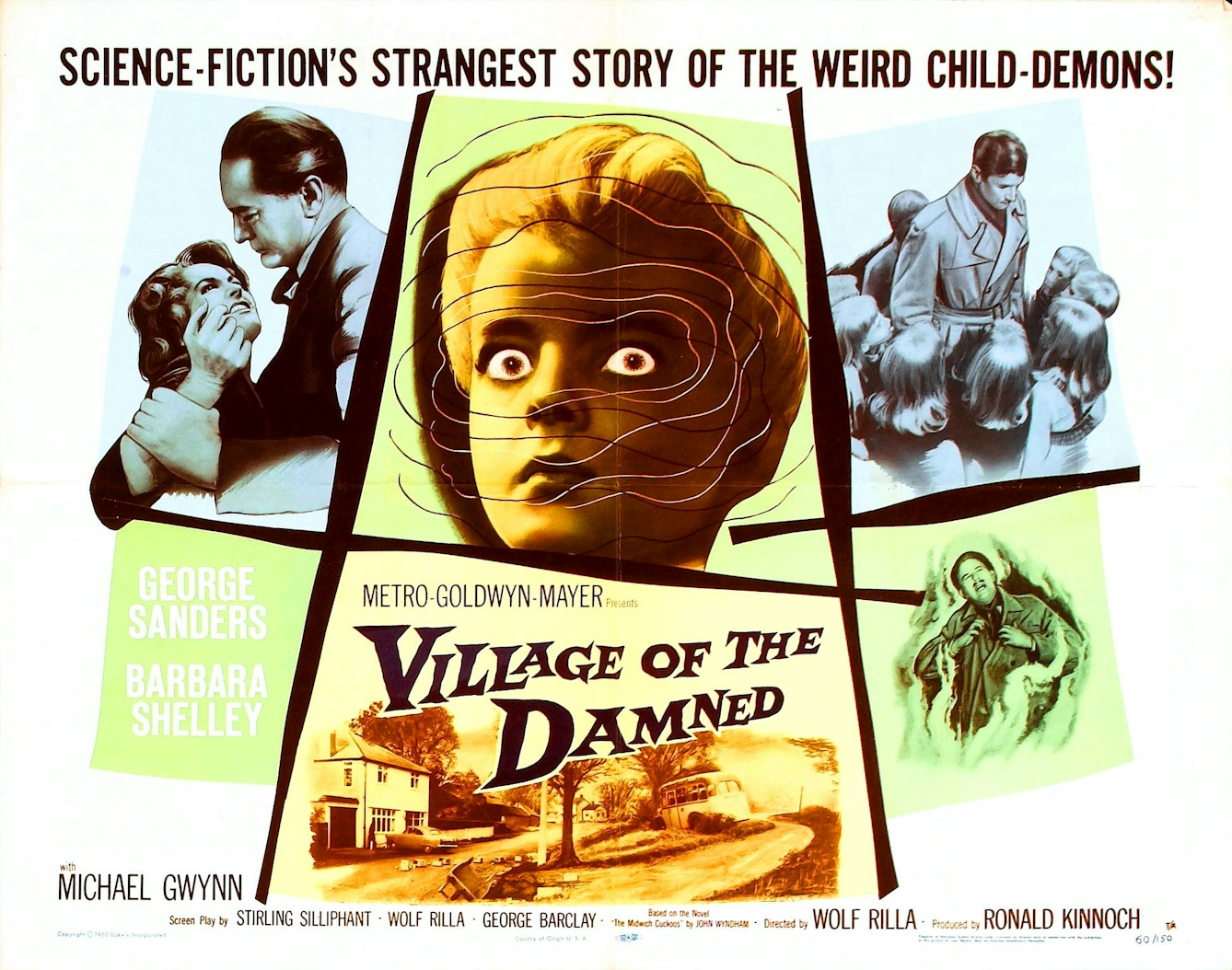 Film poster for 'Village of the Damned' centred on an eerie child with blond hair and glowing eyes.