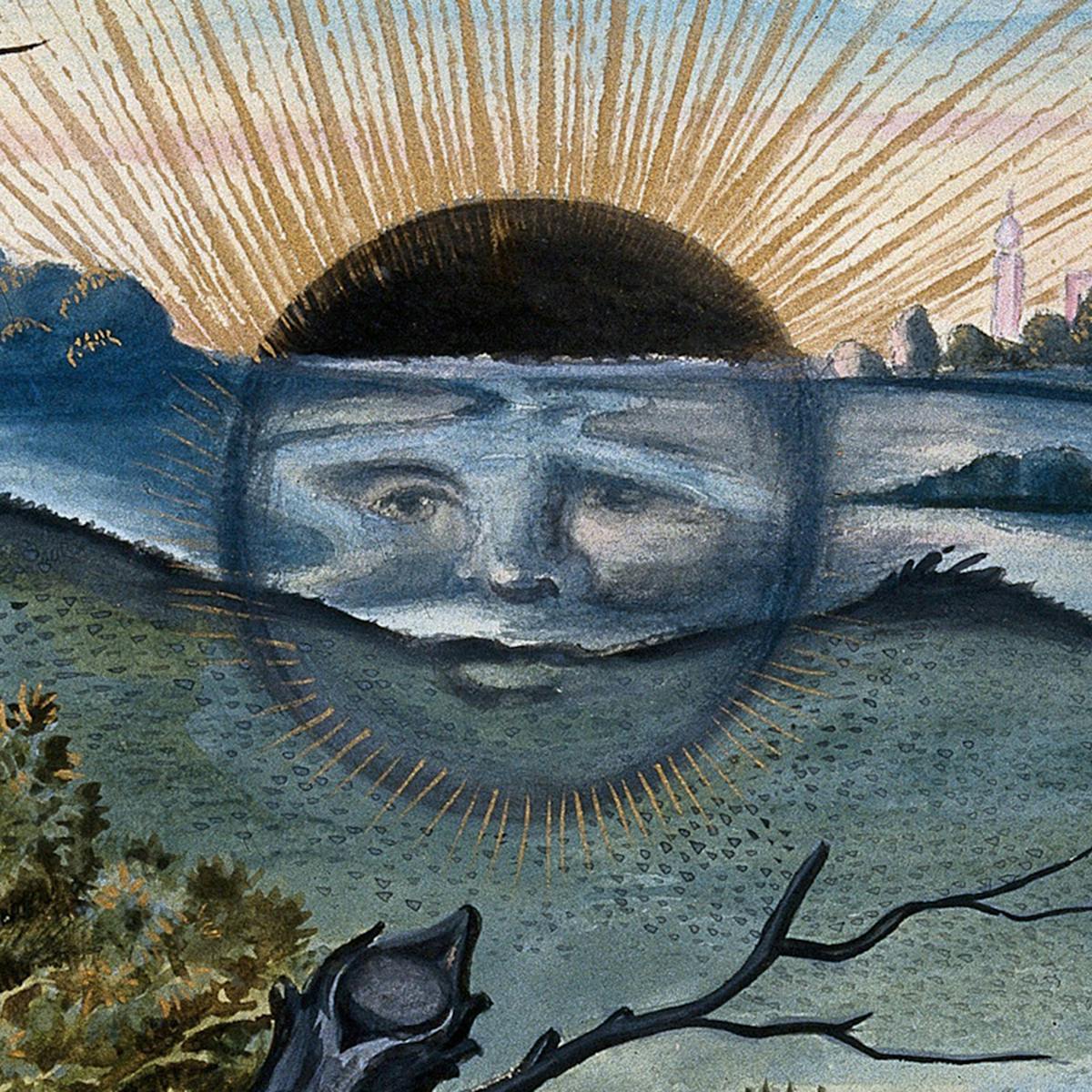 A black sun with a face descends behind the horizon of a marshy landscape