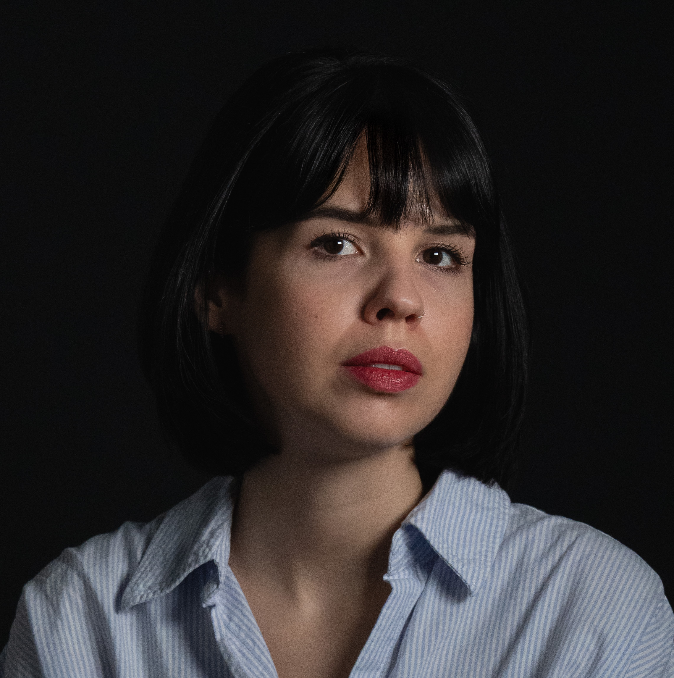 Black and white head and shoulders portrait of Eszter Bonyi