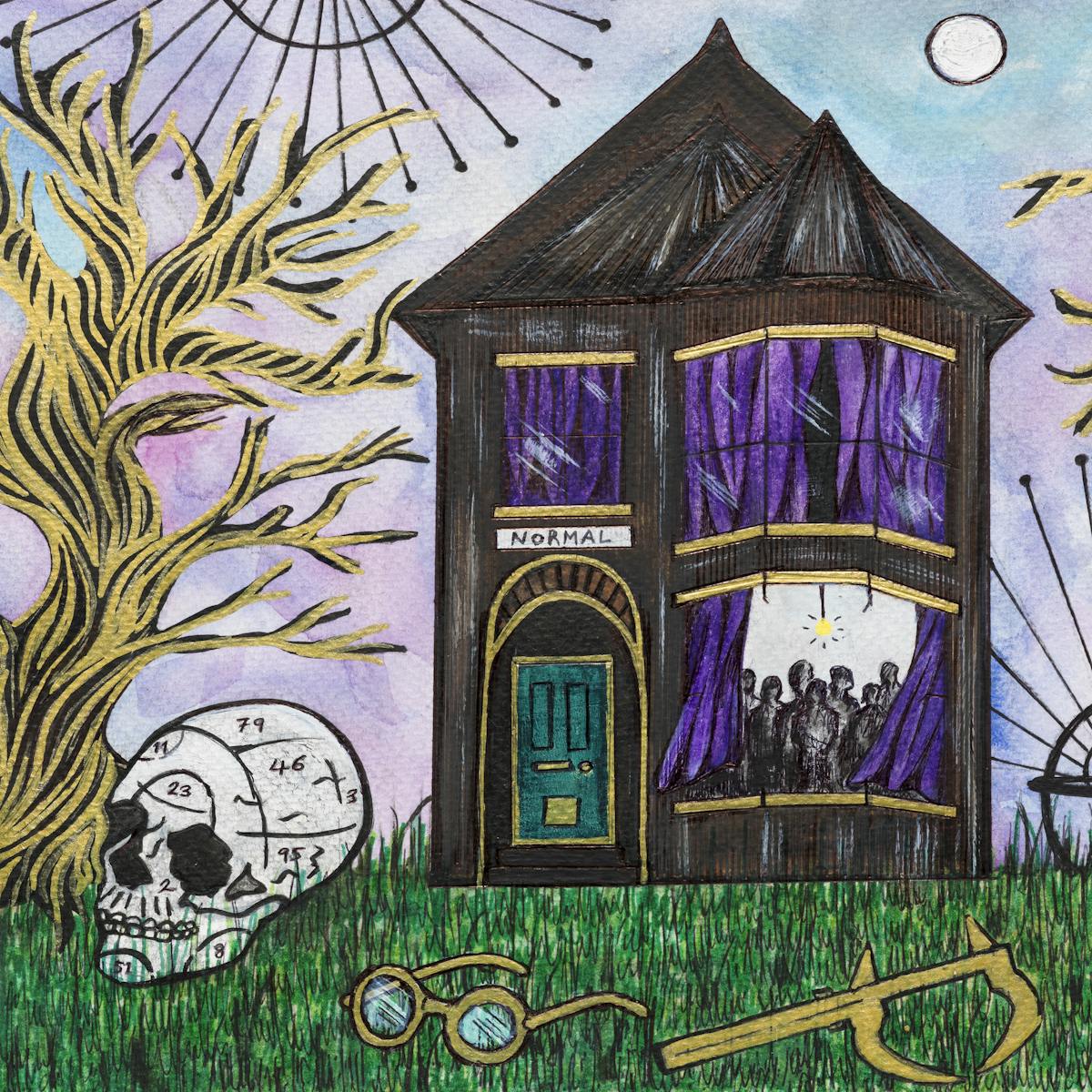 Colourful artwork made with paint and ink on textured watercolour paper. The artwork shows a dark grey gothic style building in the centre with purple curtains and a sign over the door which reads, 'NORMAL'. The curtains upstairs are pulled closed, the those in the downstairs bay window are drawn back and billow in the wind. Standing in the room are a group of dark silhouetted figures, looking out. Surrounding the house is a landscape of green grass on which are a selection of objects all at different scales. Theres a pair of glasses, two human skulls divided into numbered sections, 4 potion bottles and 2 twisted trees. In the purple and blue sky behind the house is the moon and a graphic motif.