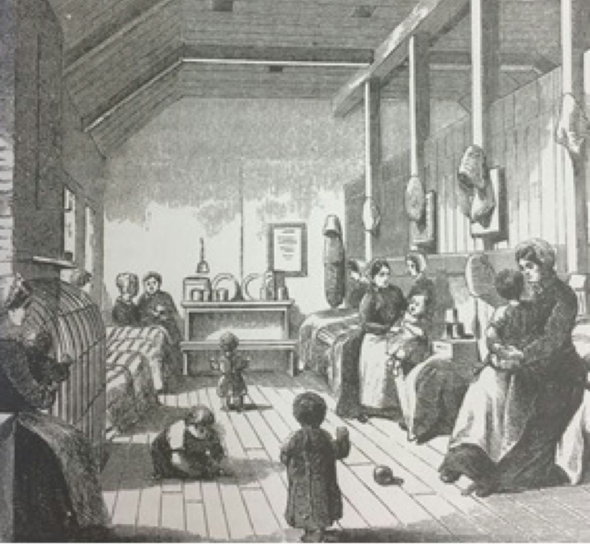 A black-and-white image from a book picturing a nursery inside a Victorian prison, with mothers and their children.