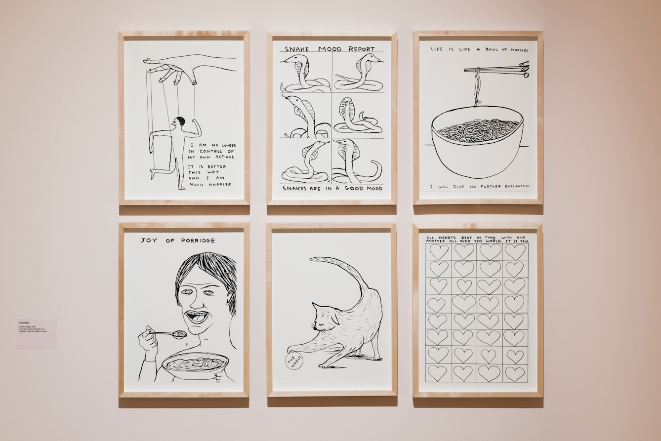 Photograph in an exhibition gallery showing a section of light pink coloured wall on which six framed prints in wooden frames have been hung. Each frame contains a black ink line drawing on white paper. The drawings are in a comic style and show, a hand controlling a small figure with strings like a puppet, a grid of snakes, a bowl of noodles and chop sticks, a man eating, a cat playing with a ball and a grid of hearts.
