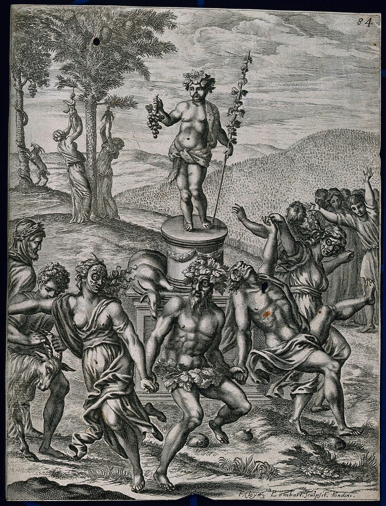 Engraved illustration of a figure standing atop a plinth in the countryside, holding a bunch of grapes, surrounded by reveling dancers.