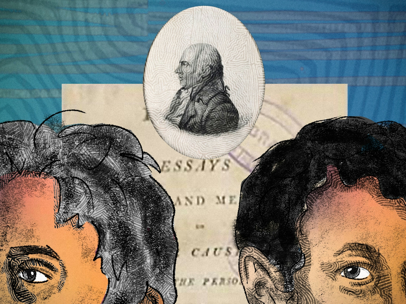 A detail from a larger abstract digital illustration featuring two head and shoulders portraits of two males posed back to back, depicting the writer philosopher Samuel Taylor Coleridge on the left and chemist Humphry Davy on the right. On the left side by Coleridge there is a romantic image of a red poppy flower as well as an opium pipe. To the right side by Davy there is an archive image of someone inhaling pain relief gas as part of a medical procedure. 