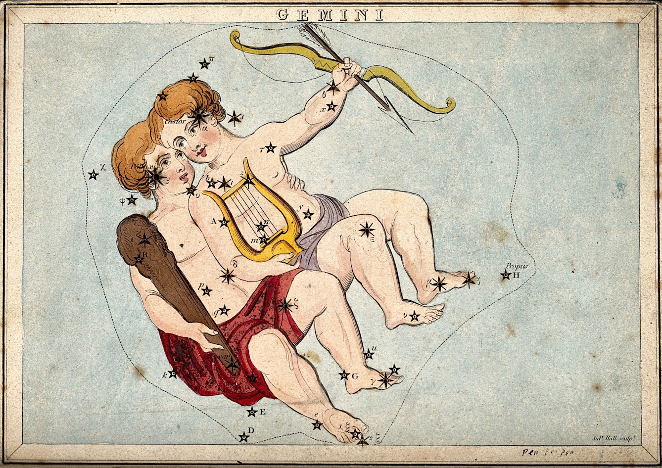 Coloured print of the constellation of Gemini showing the stars superimposed on a the image of a pair of identical young twin boys with redish hair and white skin. One boy holds a bow and arrow in one hand and a lyre in the othr. The other boy holds a large wooden club in one hand and has other arm around his brother