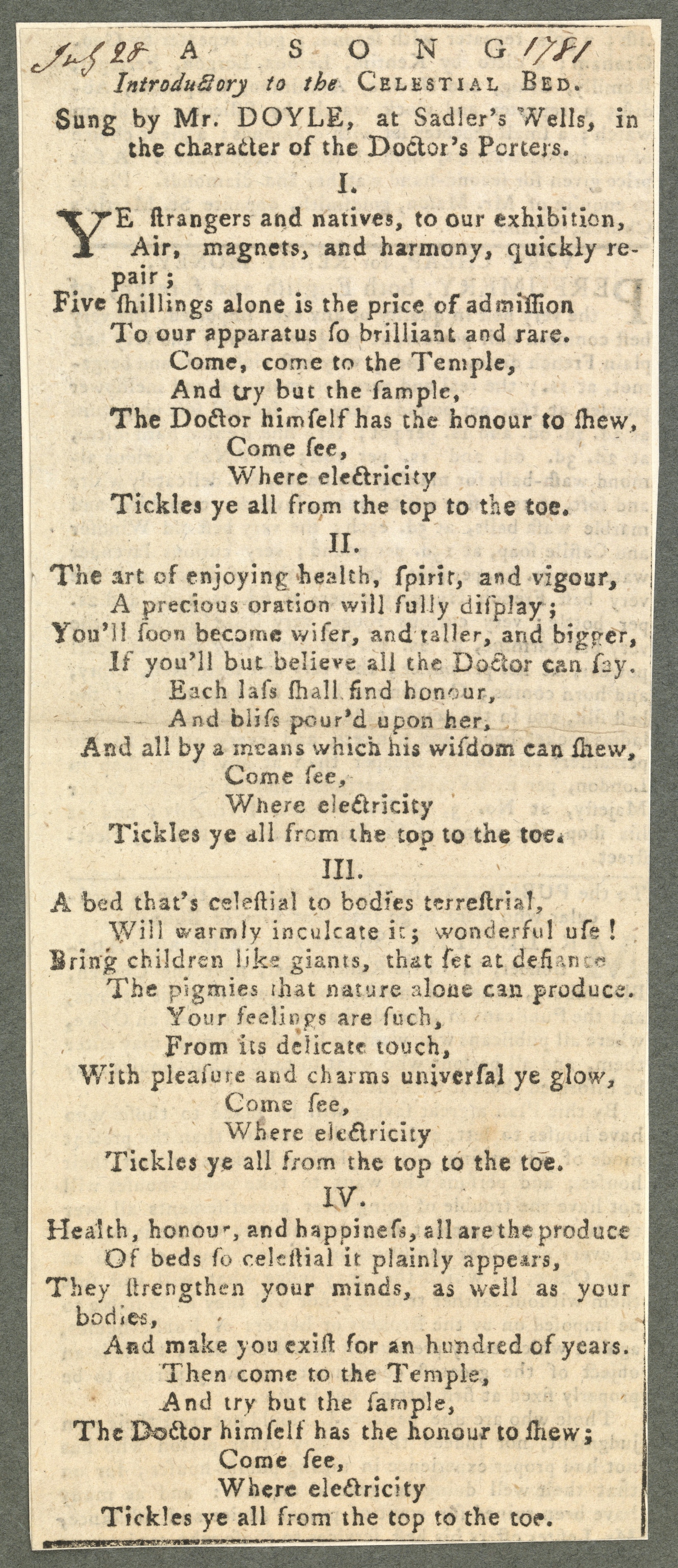 This parodic poem satirizing James Graham was just one of several means by which his perceived quackery was publicly mocked.