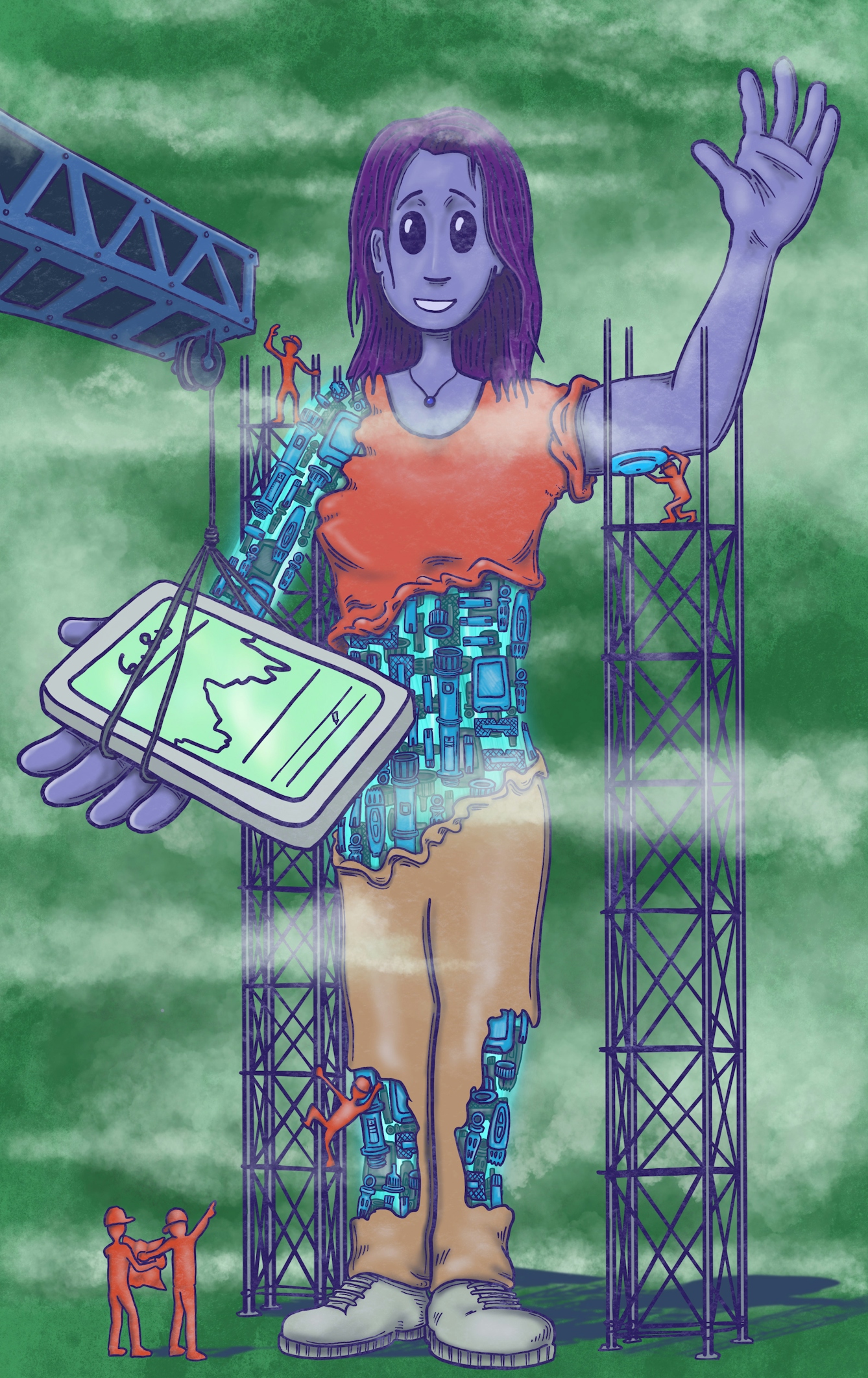 An illustration of a cyborg-like woman made up of diabetes monitoring technology. She is smiling and surrounded by tiny construction workers adding more devices.