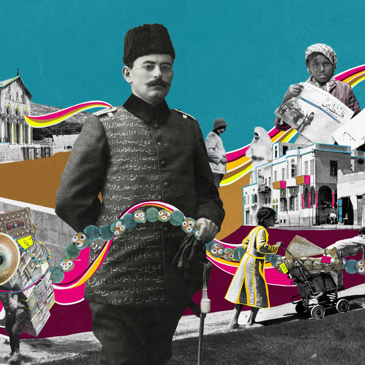 Digital collaged artwork using black and white archive imagery and over-drawn colourful graphical elements. The artwork shows an archive image of a man with a moustache in military uniform from the early 20th century. This portrait is in the centre of the artwork. He is surrounded by a stone evil eye amulet. Behind him is a blue background. To his left and right are characters set against an urban landscape; a couple of children sat on a wall, a man carrying a large number of boxes, a girl pushing a pram and a figure holding up posters. Swirling around the landscape are ribbons of colour, pinks, crimsons and yellows.