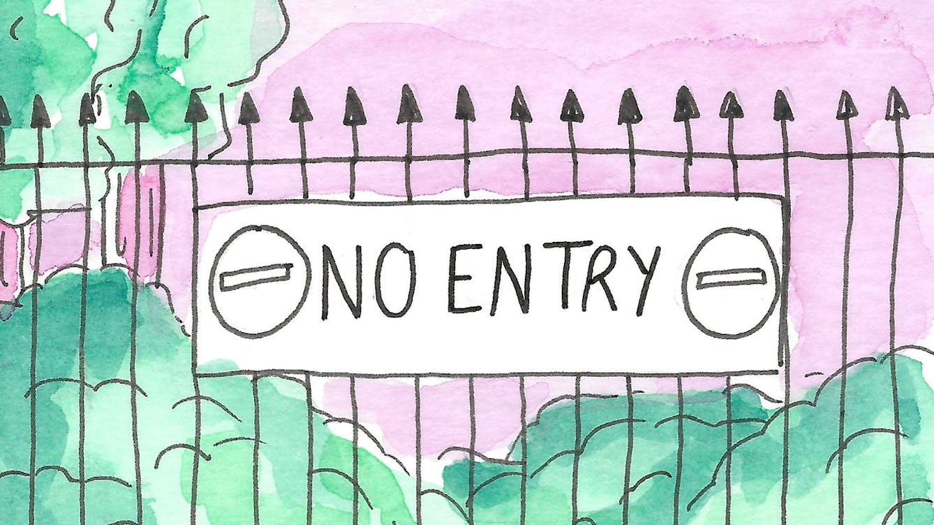 Illustration of a 'No Entry' sign on spiked railings.