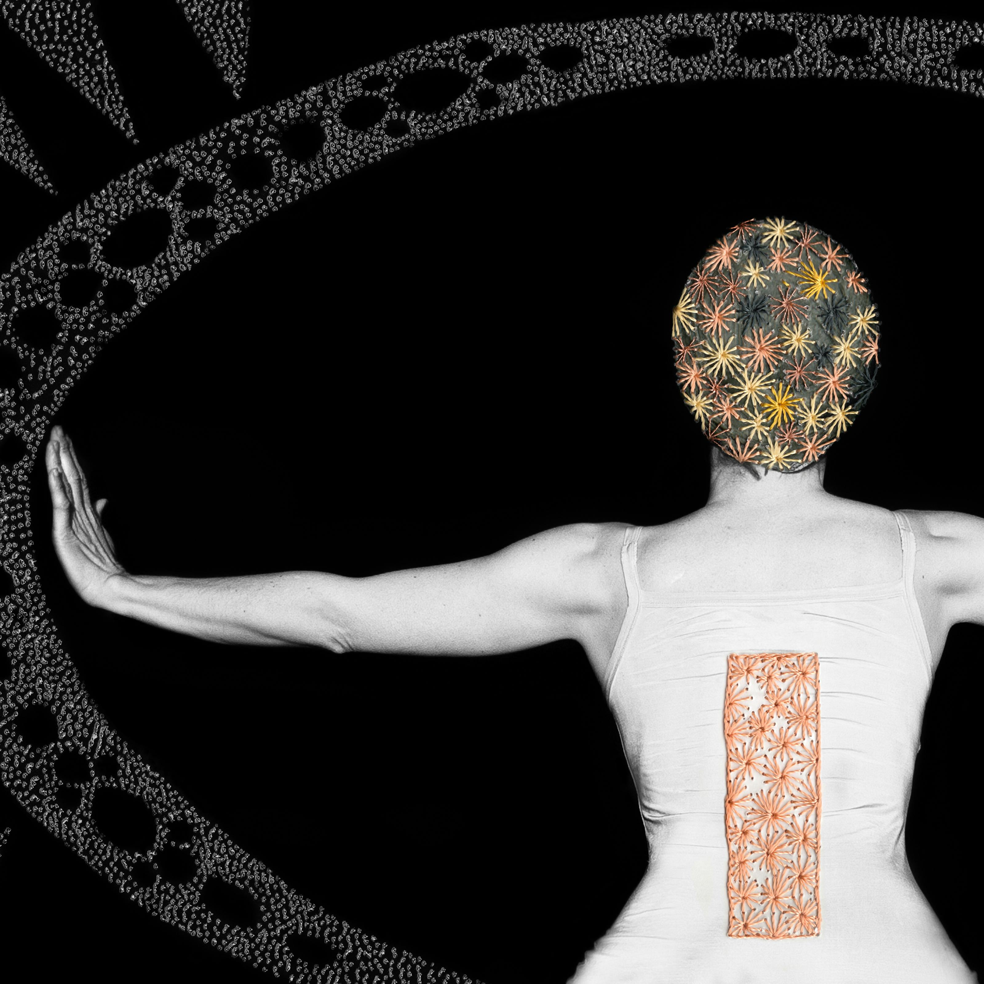 Artwork made up of a black and white photograph of a female figure from behind, from the waist up, against a black background. Her arms are held out straight to either side, her wrists and hands held up indicating a stop action. Embroidered into the photographic print with yellow and orange coloured thread is a crisscross floral pattern which exactly covers her head and hair. Across her back, embroidered in a copper coloured thread is a large  thin vertical rectangle. Surrounding the figure is a large ellipse made up of a layered texture of dots which forms a protective barrier against sharp tooth like forms approaching the barrier, also made up of layered textured dots.