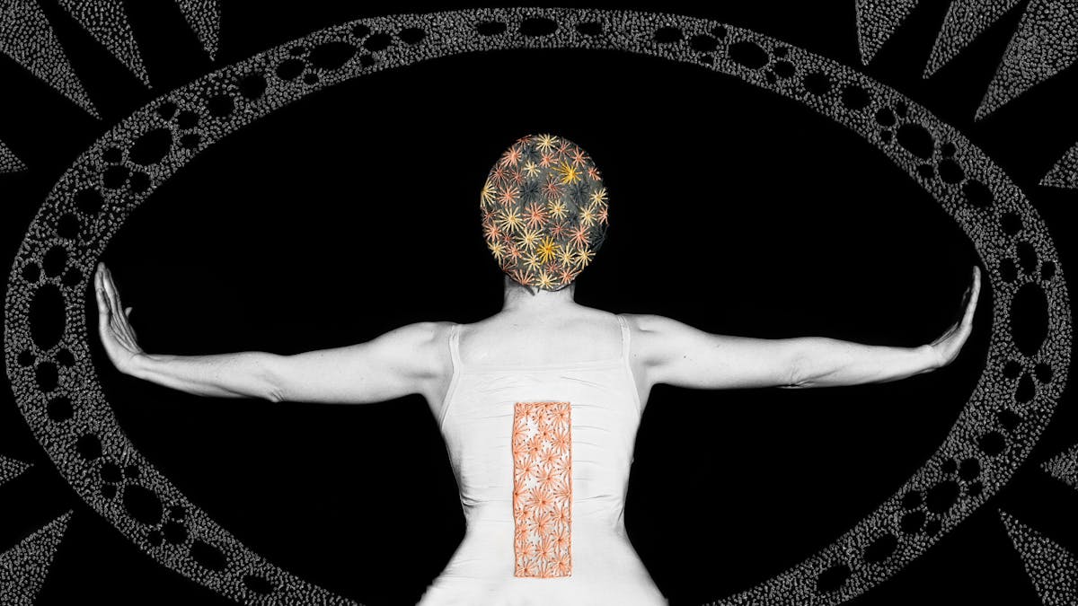 Artwork made up of a black and white photograph of a female figure from behind, from the waist up, against a black background. Her arms are held out straight to either side, her wrists and hands held up indicating a stop action. Embroidered into the photographic print with yellow and orange coloured thread is a crisscross floral pattern which exactly covers her head and hair. Across her back, embroidered in a copper coloured thread is a large  thin vertical rectangle. Surrounding the figure is a large ellipse made up of a layered texture of dots which forms a protective barrier against sharp tooth like forms approaching the barrier, also made up of layered textured dots.