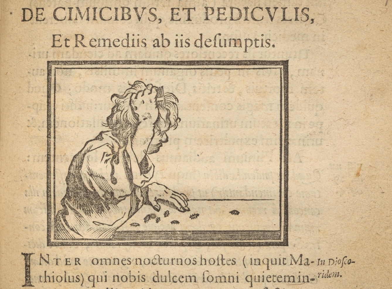 Photographic detail of an illustration on the page of an early printed book from 1638, showing a man combing lice out of his hair.