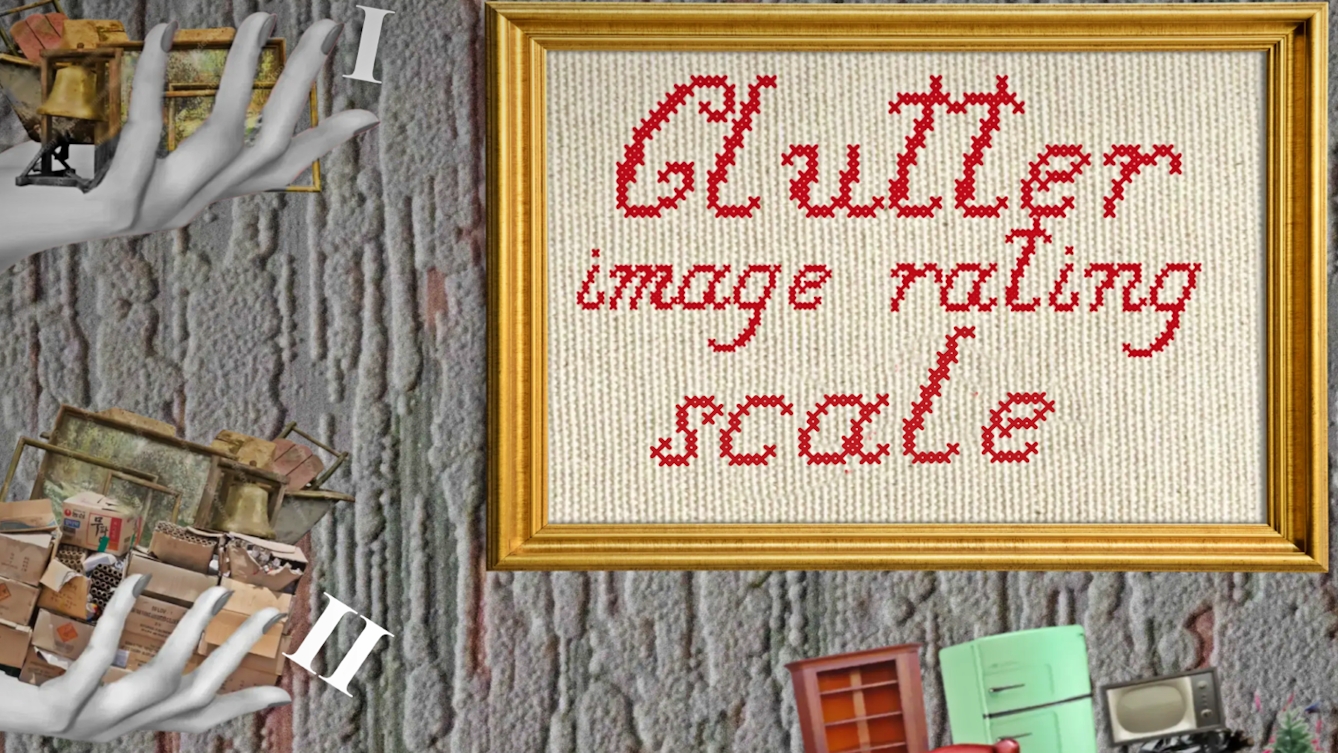 Crop of a colourful digital collage. Shown are two black and white hands emerging from the left side of the image. Each of the hands is holding different amounts of household furniture. A white roman numeral is positioned next to each hand, and the top hand is labelled 'I' and the hand below it is labelled 'II'. A higher number corresponds to a larger amount of furniture held in the hand. The background consists of a light grey textured wallpaper. On the wallpaper in the top left is a framed, homely sign that reads 'Clutter image rating scale'.