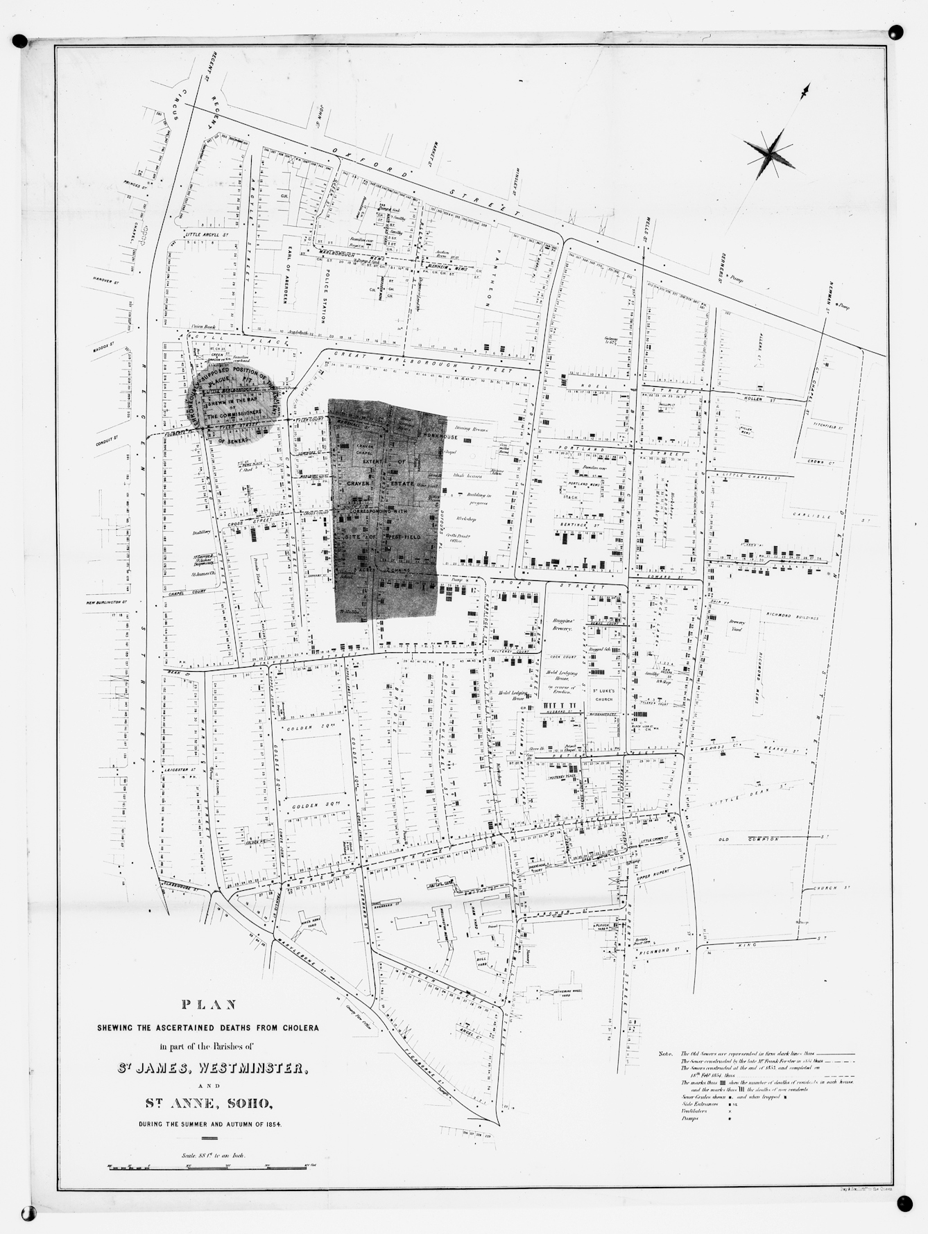 Plan showing the deaths from cholera, London, 1854, in St James, Westminster and St Anne, Soho